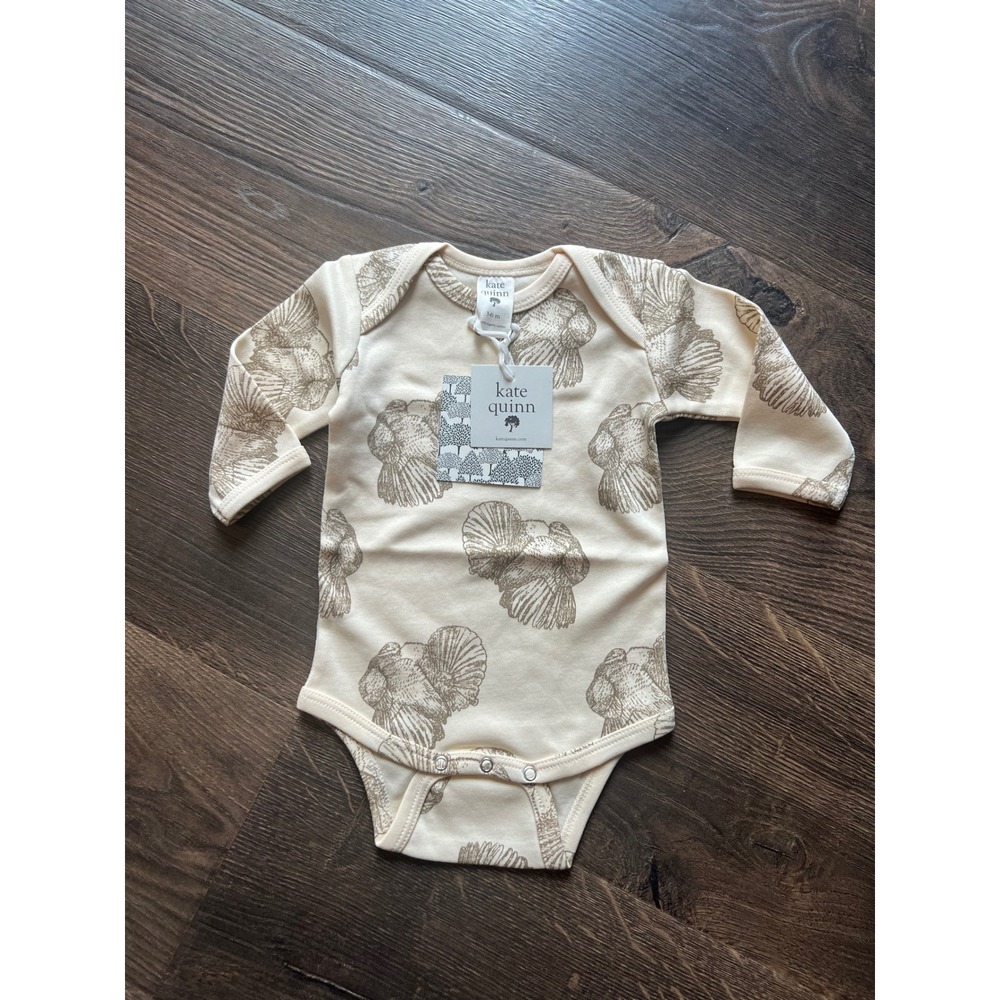 Kate Quinn Organic Cotton Turkey Print Long‎ Sleeve Bodysuit Neutral 3-6M NWT